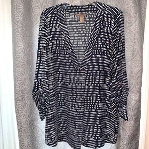 Navy and White Rolled Sleeve, Deep V-Neck Blouse